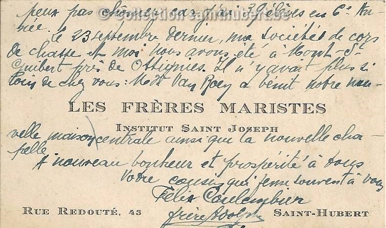 Petite carte de visite écrite par Frère Adolphe en décembre 1934